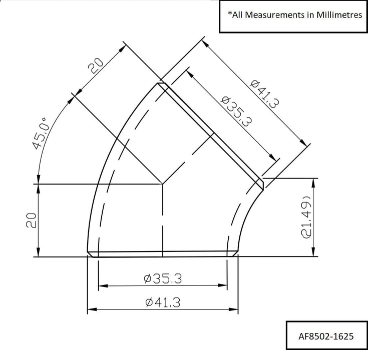 Aeroflow Aeroflow Aeroflow 1-5/8" (42mm) Steam Pipe Tube, 45 Degree Bend, 1.5D Radius (AF8502-1625) Autofit