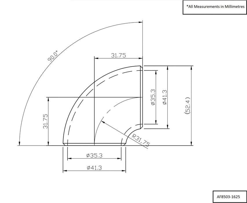 Aeroflow Aeroflow Aeroflow 1-5/8" (42mm) Steam Pipe Tube, 90 Degree Bend, 1.0D Radius (AF8503-1625) Autofit