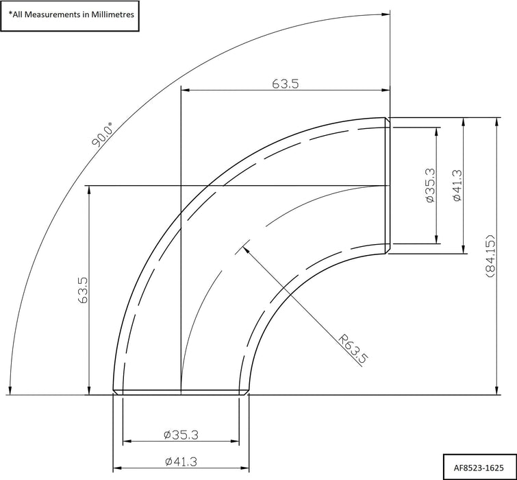 Aeroflow Aeroflow Aeroflow 1-5/8" (42mm) Steam Pipe Tube, 90 Degree Bend, 2.0D Radius (AF8523-1625) Autofit