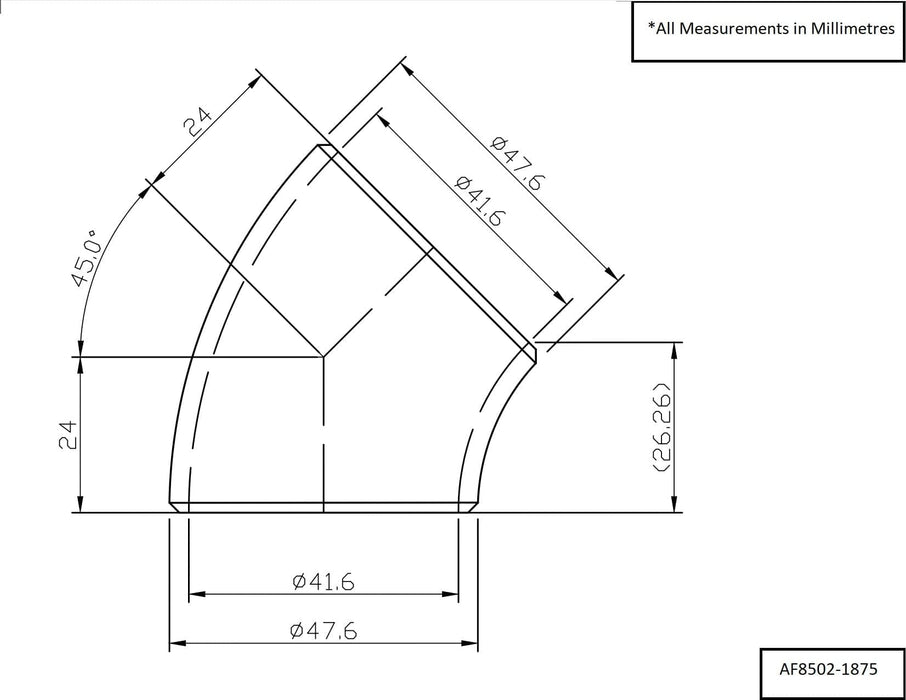 Aeroflow Aeroflow Aeroflow 1-7/8" (48mm) Steam Pipe Tube, 45 Degree Bend, 1.5D Radius (AF8502-1875) Autofit