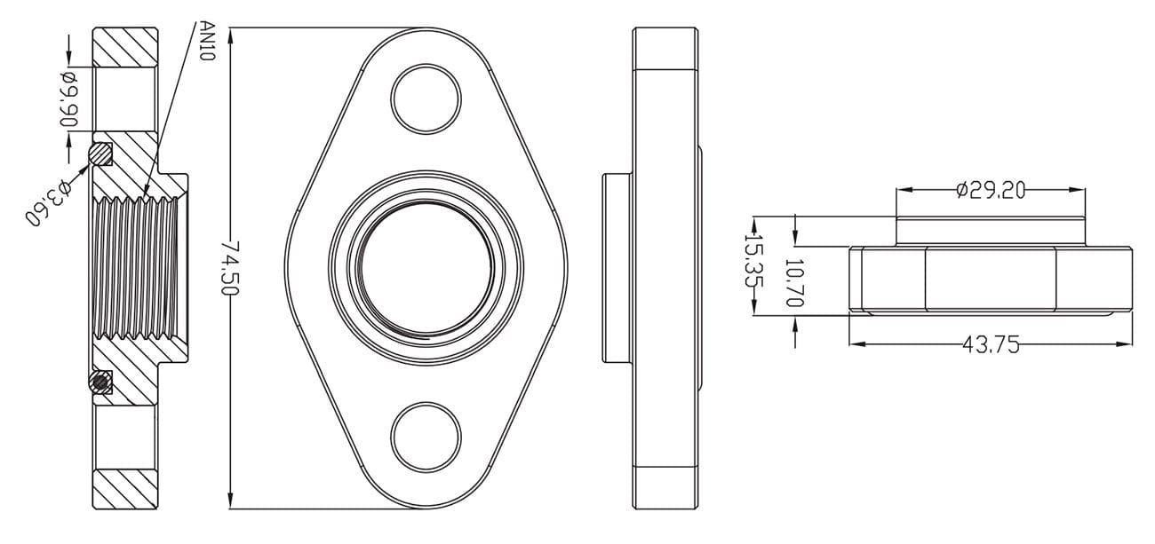 Aeroflow Performance -10AN ORB outlet, 52.4mm bolt centre, Black Finish Turbo Drain Adapter AF463-03 Autofit