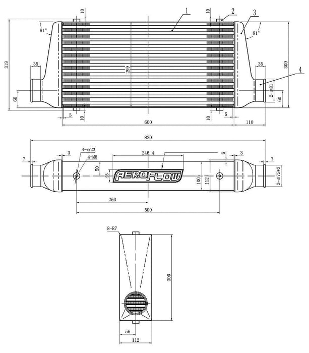 Aeroflow Performance 3" Slip On Inlet and Outlet with 2 M8x1.25mm Mounting Bosses 280x300x76mm Street Series Aluminium Intercooler, Polished Finish AF90-1002 Autofit