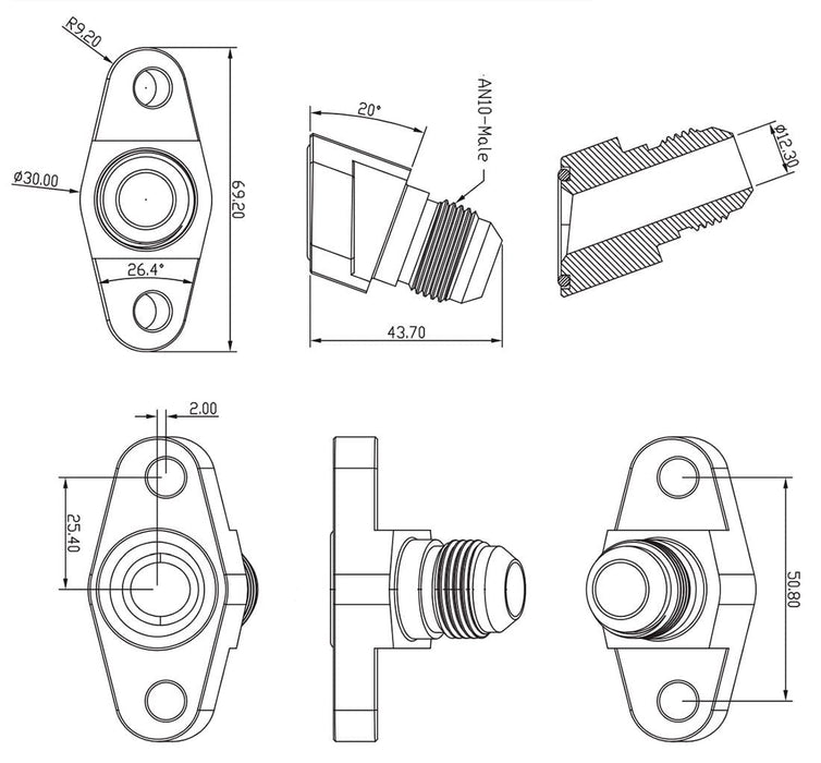 Aeroflow Performance 50.8mm Center with O-Ring Seal 20° Turbo Drain Adapter -10AN AF463-18 Autofit