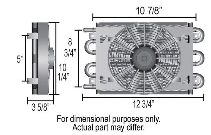 DERALE 11/32" Barb Inlets. 13-5/8" L x 10-1/4" H x 3-5/8" W Derale Dyno-Cool 8 Pass Remote Mount Cooler with Fan DP12742 Autofit
