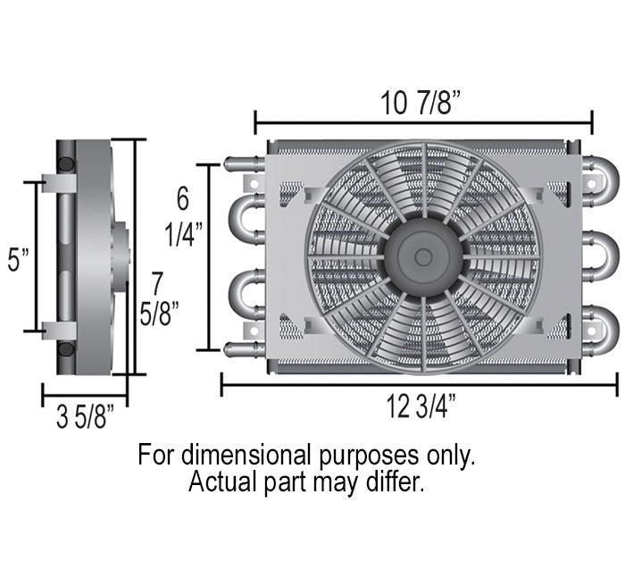 DERALE 11/32" Barb Inlets. 13-5/8" L x 7-5/8" H x 3-5/8" W Derale Dyno-Cool 6 Pass Remote Mount Cooler with Fan DP12740 Autofit