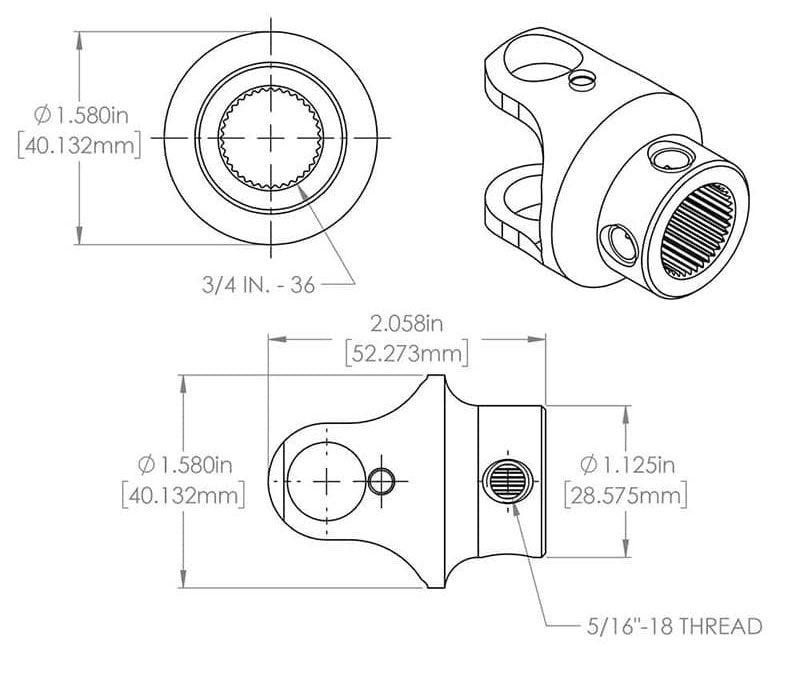 FLAMING 3/4"-36 x 3/4"DD Spline - Smooth Stainless Steel Universal Joint FR2515DD Autofit
