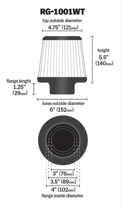K&N Height: 5.5 in (140 mm) H x 6 in (152 mm) Base OD x 4.75 in (121 mm) Top OD - KNRG-1001WT K&N Universal Clamp On Filter White Fits 4 in (102 mm) KNRG-1001WT Autofit