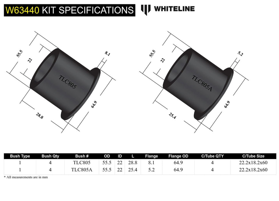 Whiteline 10 x 16 x 26 cm / Fitter friendly design Rear Trailing Arm Lower - Bushing Kit to Suit Toyota Land Cruiser 80 and 105 Series Autofit