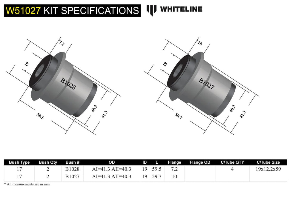 Whiteline 10 x 16 x 26 cm Front Control Arm Lower - Bushing Kit to Suit Holden Gemini TX, TC, D, TE, TF, TG Autofit