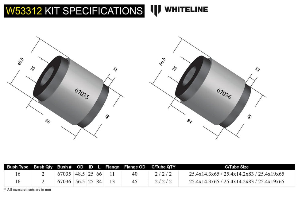 Whiteline 10 x 16 x 26 cm Front Control Arm Lower - Bushing Kit to Suit Toyota HiLux, Prado, 4Runner and Foton Tunland Autofit