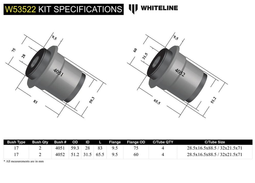 Whiteline 10 x 16 x 26 cm Front Control Arm Lower - Bushing Kit to Suit Toyota Prado 150 Series and FJ Cruiser GSJ15 Autofit