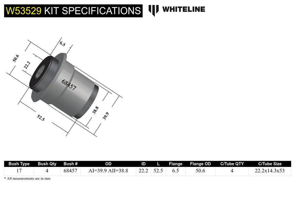 Whiteline 10 x 16 x 26 cm Front Control Arm Upper - Bushing Kit to Suit Toyota Land Cruiser 95 Series Autofit
