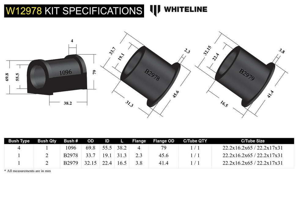 Whiteline 10 x 16 x 26 cm Front Steering Rack and Pinion - Mount Bushing Kit to Suit Toyota Prado and 4Runner Autofit