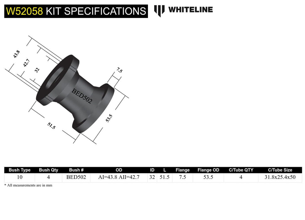 Whiteline 10 x 16 x 26 cm / Installs into original shell Front Control Arm Lower - Bushing Kit to Suit Bedford Van AN Autofit