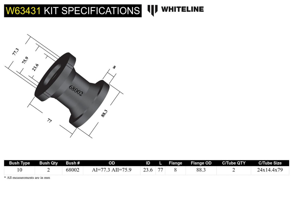 Whiteline 10 x 16 x 26 cm / Installs into original shell Trailing Arm Lower - Bushing Kit to Suit Jeep Grand Cherokee WJ, WG Autofit