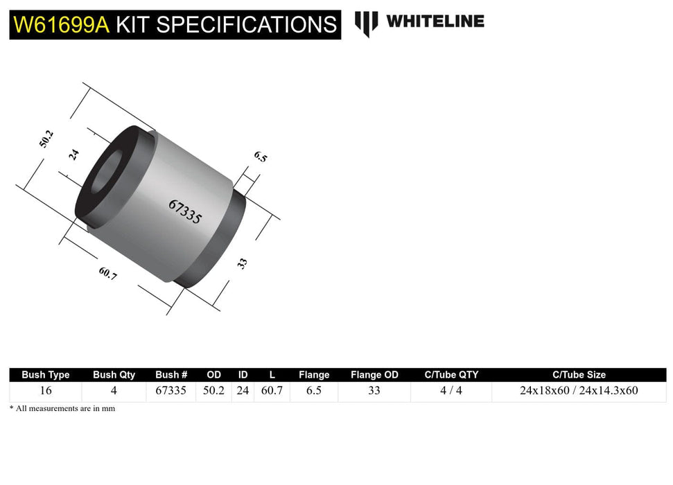 Whiteline 10 x 16 x 26 cm / OEM design Rear Trailing Arm Upper - Bushing Kit to Suit Toyota Land Cruiser 80, 105 and 100 Series Autofit