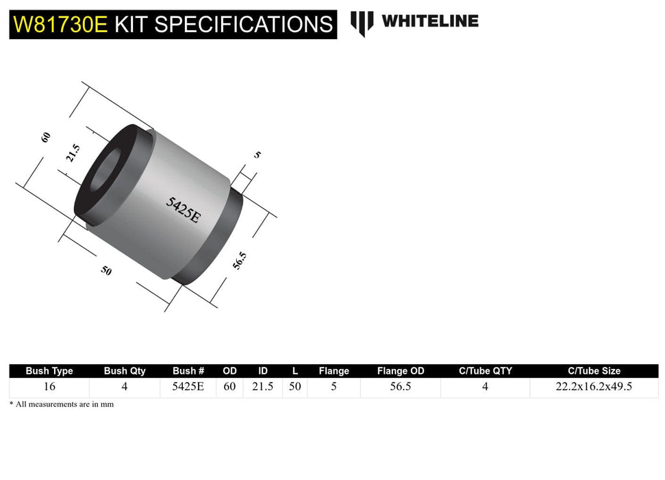 Whiteline 10 x 16 x 26 cm / Performance Alignment - 2.5deg caster correction - non voided design economy option Front Leading Arm - To Differential Bushing Kit Offset to Sut Nissan Patrol GQ, GU and Toyota Land Cruiser 80, 105 Series Autofit