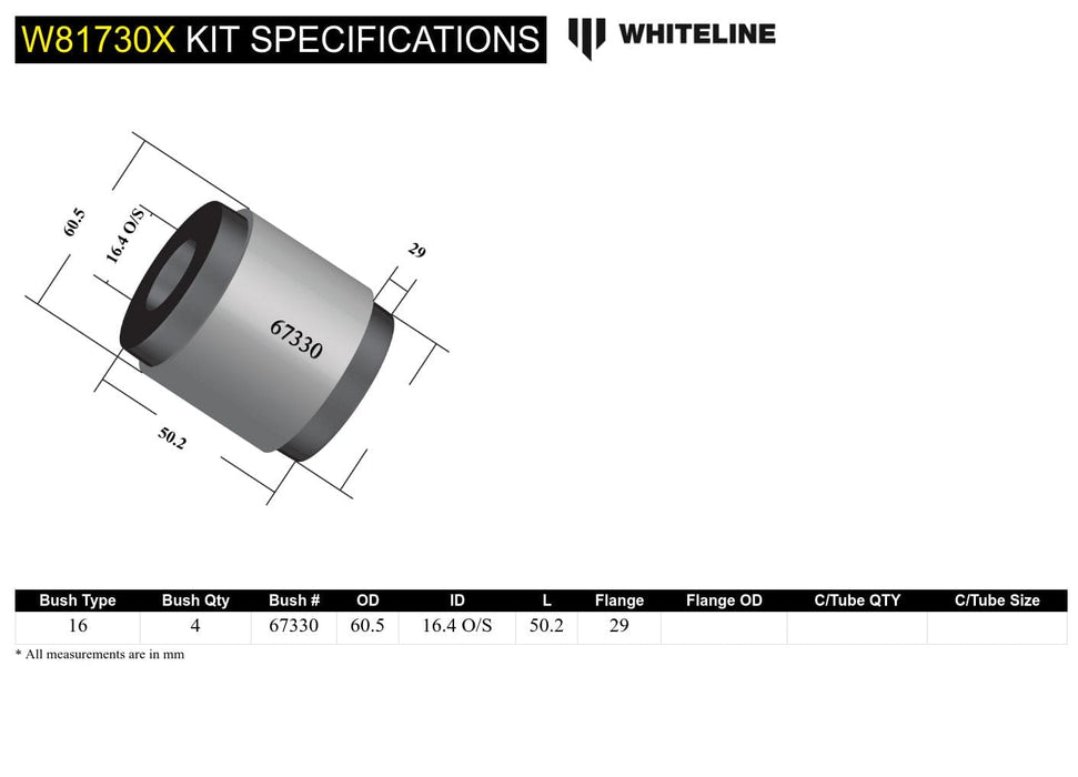 Whiteline 10 x 16 x 26 cm / Performance Alignment - 3.0deg caster correction - suits lifted models 50mm or higher Front Leading Arm - To Differential Bushing Kit Extra Offset to Suit Nissan Patrol GQ, GU and Toyota Land Cruiser 80, 105 Series Autofit