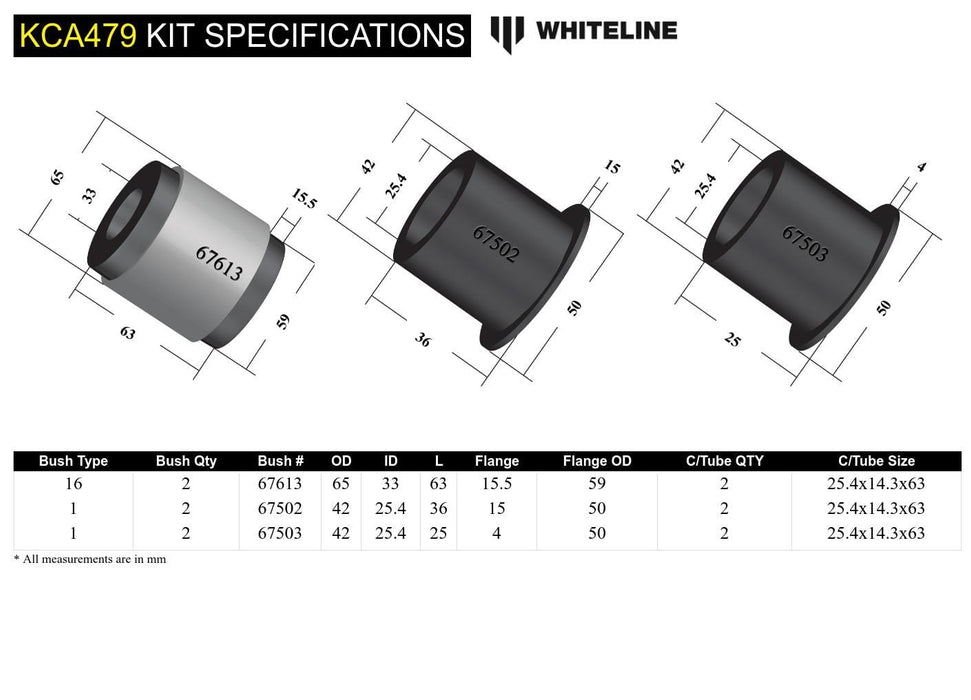 Whiteline 10 x 16 x 26 cm / Performance Alignment - 65mm OD - adds +0.5deg caster Front Control Arm Lower - Inner Bushing Kit Double Offset to Suit Honda Civic VII, VIII Gen and Integra DC5 Autofit