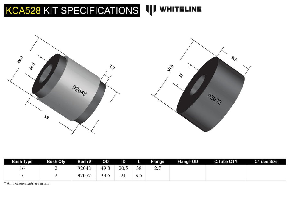 Whiteline 10 x 16 x 26 cm / Performance Alignment - adds +0.5deg caster Front Control Arm Lower - Inner Rear Bushing Double Offset Kit to Suit Nissan Pulsar N16 Autofit