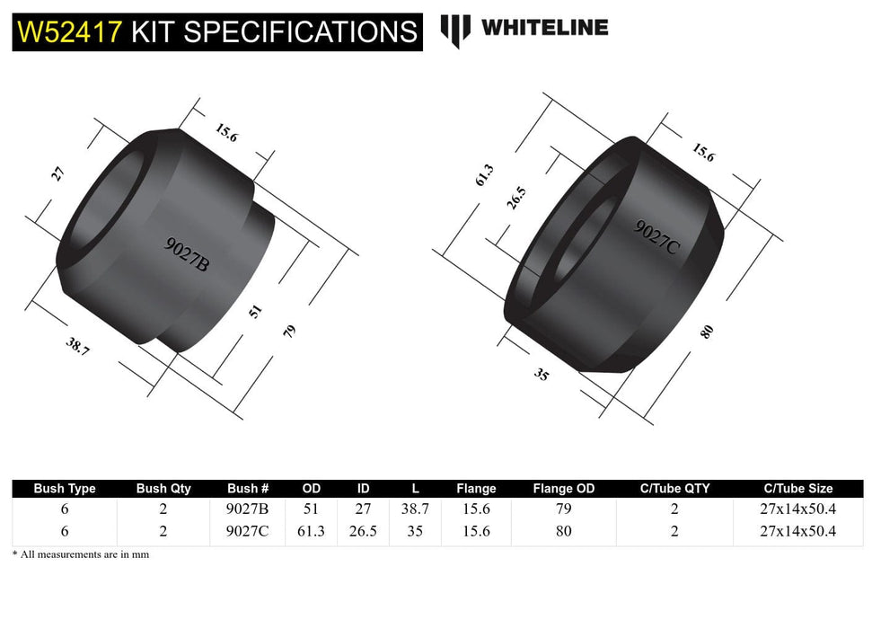 Whiteline 10 x 16 x 26 cm / Performance Alignment - adds +/- 0.5deg caster Front Control Arm Lower - Inner Rear Bushing Double Offset Kit to Suit Toyota Camry, Avalo and Holden Apollo Autofit