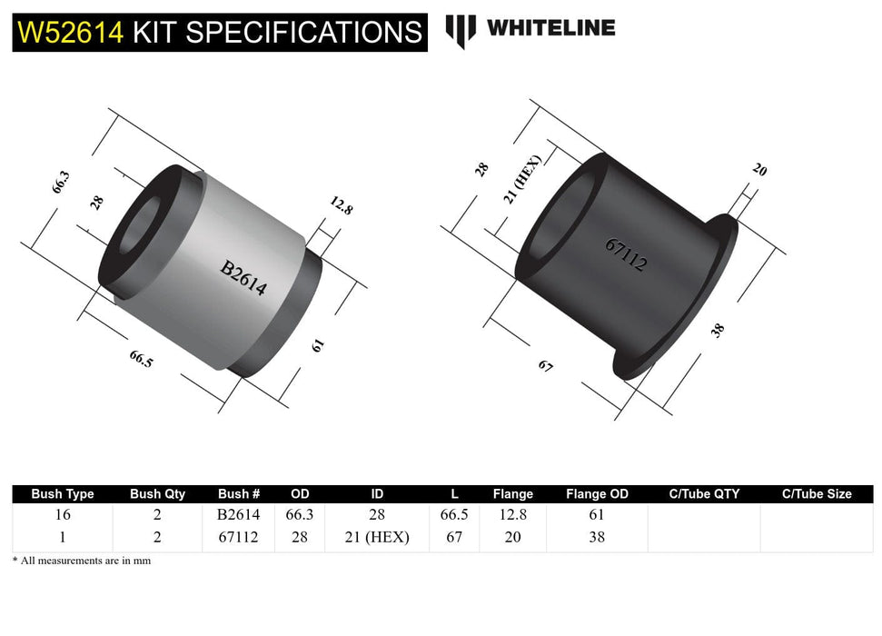 Whiteline 10 x 16 x 26 cm / Performance Alignment - adds +0.5deg caster Front Control Arm Lower - Inner Rear Bushing Doule Offset Kit to Suit Mini Cooper R50, R56 Autofit
