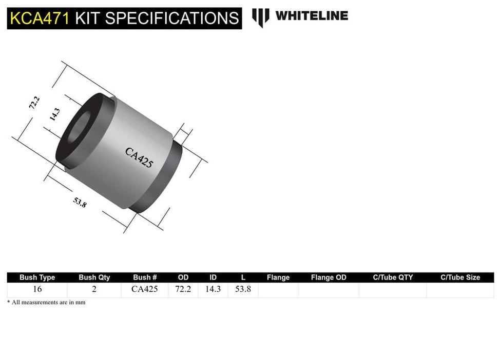 Whiteline 10 x 16 x 26 cm / Performance Alignment - adds +0.5deg caster Front Control Arm Lower - InnerRear Bushing Double Offset Kit to Suit Mitsubishi Lancer Evolution X Autofit