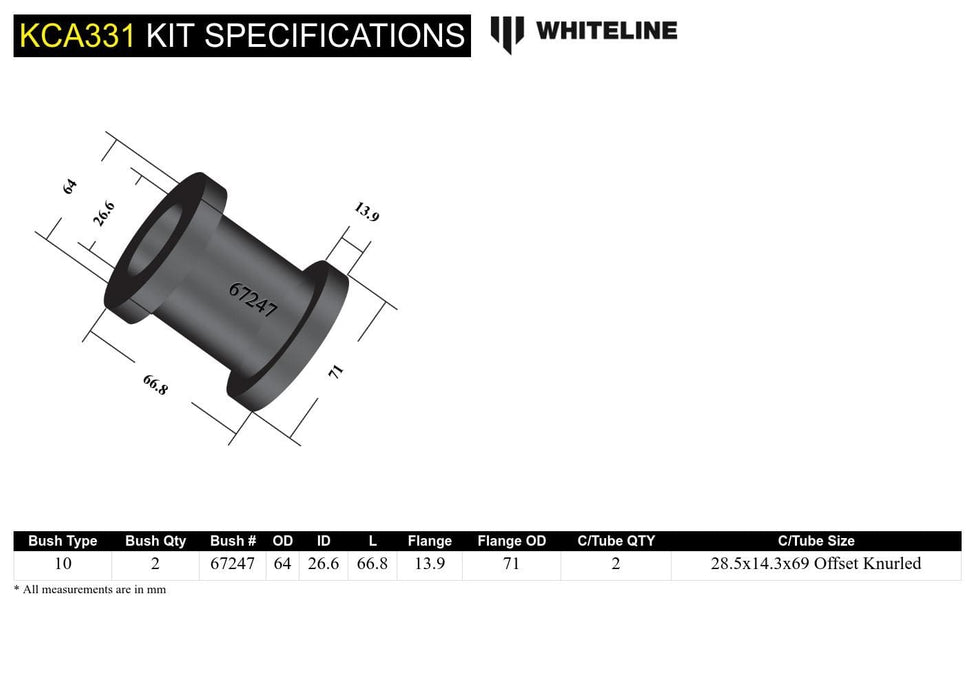 Whiteline 10 x 16 x 26 cm / Performance Alignment - adds +/- 0.5deg caster Front Strut Rod - To Chassis Bushing Kit Double Offset to Suit Nissan 180SX, 200SX. 300ZX and Skyline Autofit