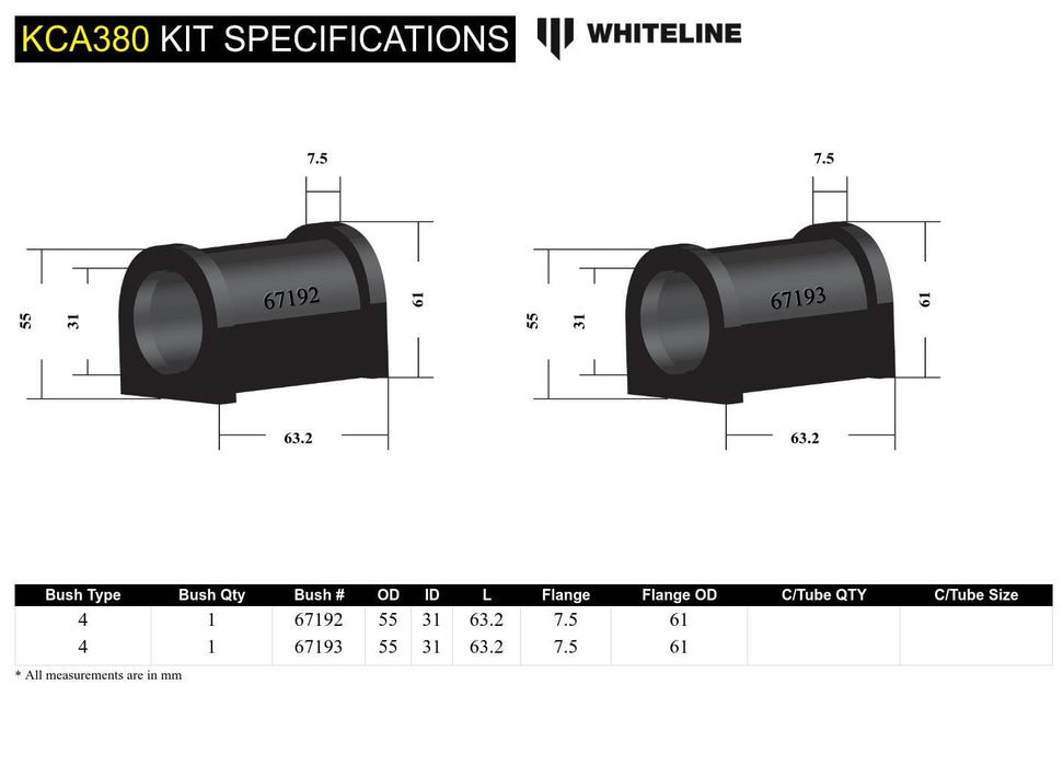 Whiteline 10 x 16 x 26 cm / Performance Alignment - adds +1.0deg caster Front Control Arm Lower - Inner Rear Bushing Double Offset Kit to Suit Mazda RX-7 FC Series IV, V Autofit