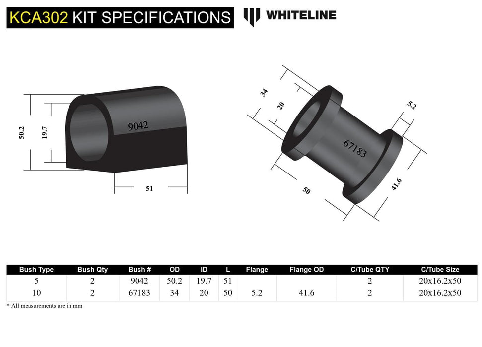 Whiteline 10 x 16 x 26 cm / Performance Alignment - adds +/- 1.5deg caster Front Control Arm Lower - Inner Bushing Kit Double Offset to Suit Holden Brina and Suzuki Baleno, Swift Autofit