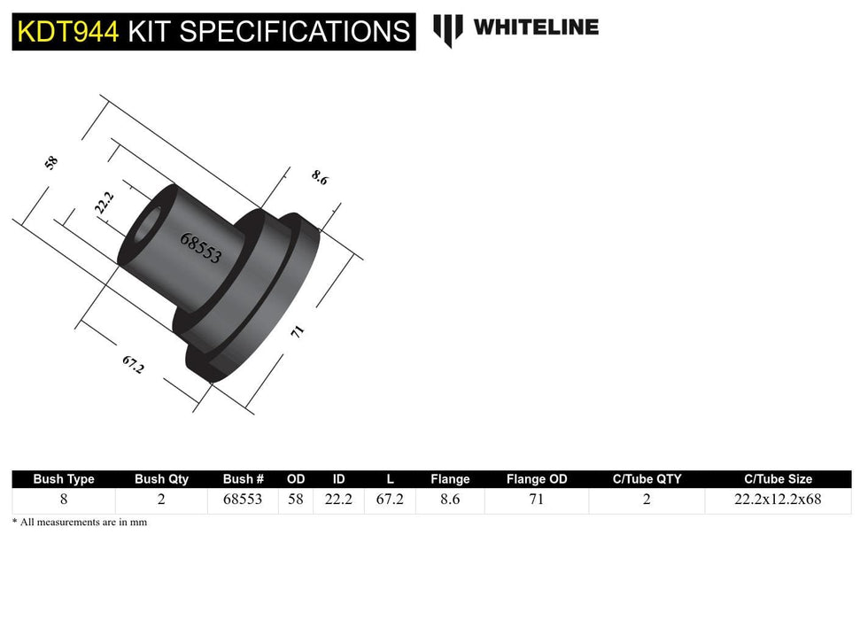 Whiteline 10 x 16 x 26 cm Rear Beam Axle - Bushing Kit to Suit Citroen C2 JM and C3 FC Autofit