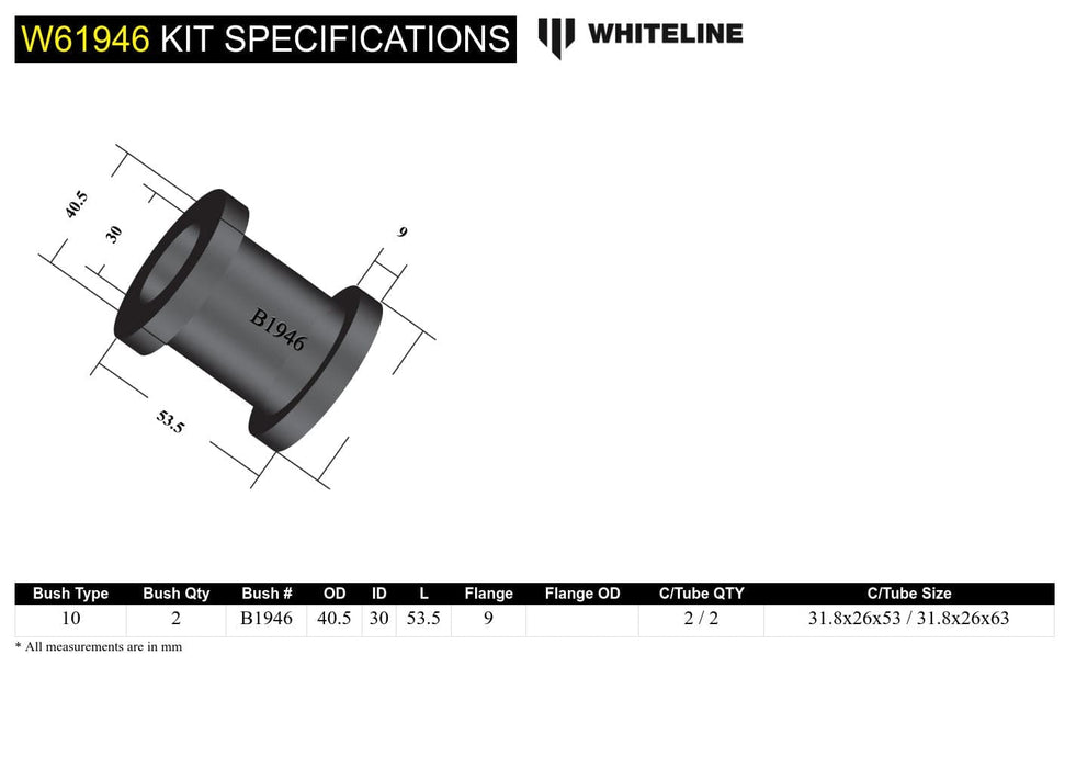 Whiteline 10 x 16 x 26 cm Rear Control Arm - Inner Bushing Kit to Suit Datsun 240Z and 260Z S30 Autofit