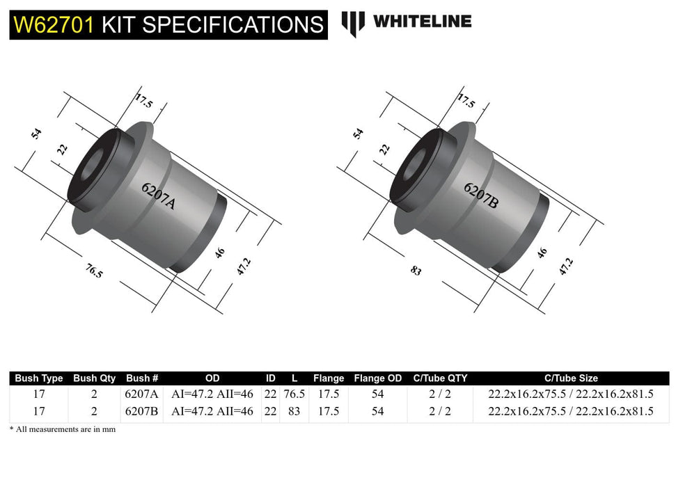Whiteline 10 x 16 x 26 cm Rear Control Arm Lower - Inner Bushing Kit to Suit Ford Falcon/Fairlane AU Autofit