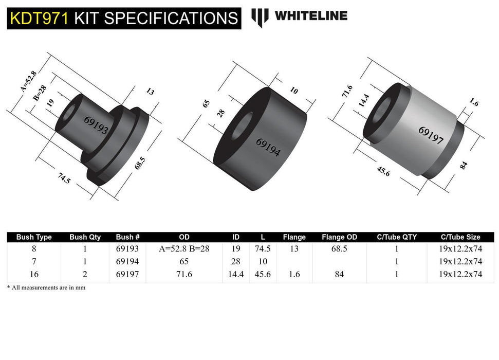 Whiteline 10 x 16 x 26 cm Rear Differential Mount - Bushing Kit to Suit Ford Falcon/Fairlane AU Autofit