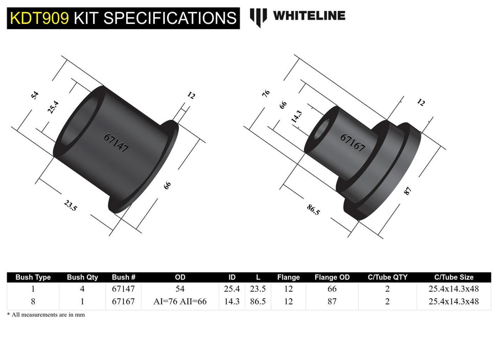Whiteline 10 x 16 x 26 cm Rear Differential Mount - Front Bushing Kit to Suit Mitsubishi Lancer CJ, CY Ralliart Awd Autofit
