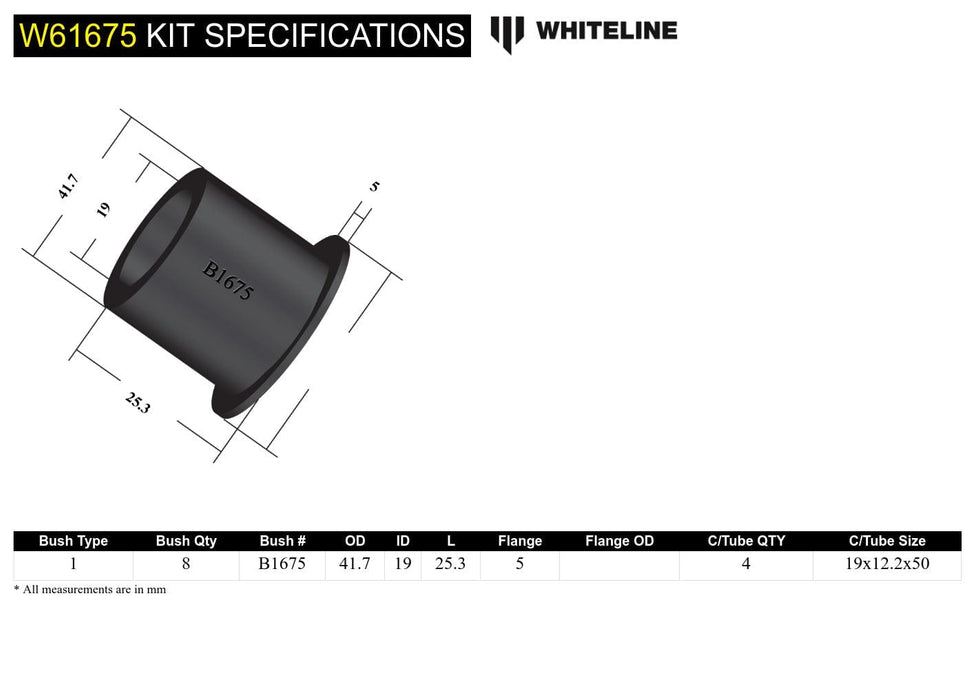 Whiteline 10 x 16 x 26 cm Rear Trailing Arm - Bushing Kit to Suit Toyota Corolla KE70, AE86, AE90 Autofit
