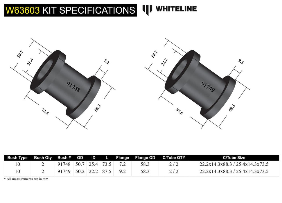 Whiteline 10 x 16 x 26 cm Rear Trailing Arm Lower - Bushing Kit to Suit Nissan Elgrand E50 Autofit