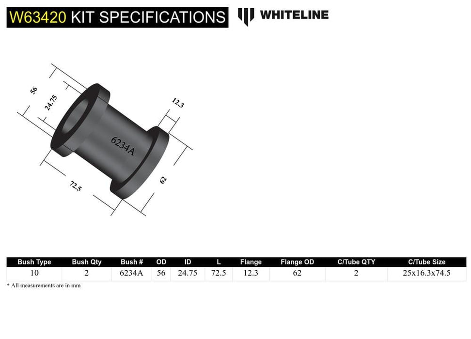Whiteline 10 x 16 x 26 cm Rear Trailing Arm Lower - Rear Bushing Kit to Suit Mitsubishi Pajero NM-NX Autofit