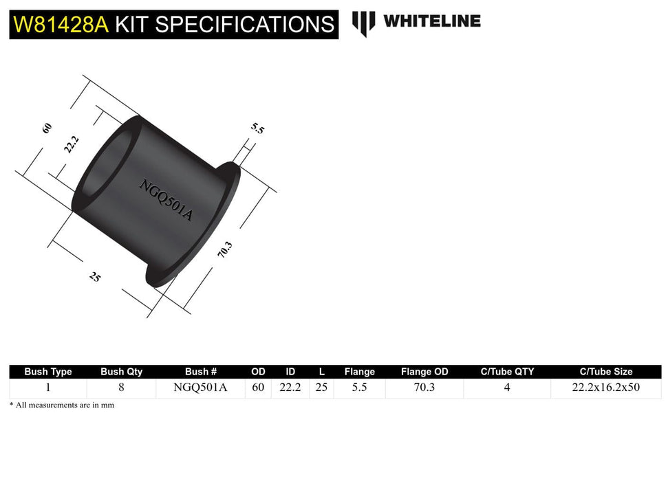 Whiteline 10 x 16 x 26 cm / Standard Alignment - 2 piece bushing design Front Leading Arm - To Differential Bushing Kit to Suit Nissan Patrol GQ, GU and Toyota Land Cruiser 80, 105 Series Autofit