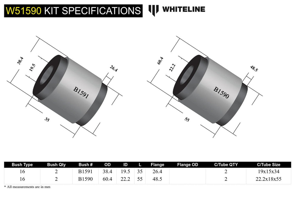 Whiteline 10 x 16 x 26 cm / Standard Alignment - 60mm OD - suits steel shelled OEM bushing Front Control Arm Lower - Inner Rear Bushing Kit to Suit Mitsubishi Magna TR, TS Autofit