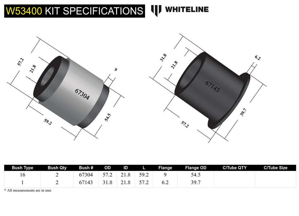 Whiteline 10 x 16 x 26 cm / Standard Alignment Front Control Arm Lower - Inner Rear Bushing Kit to Suit Ford Fiesta WP, WQ and Mazda2 DY Autofit