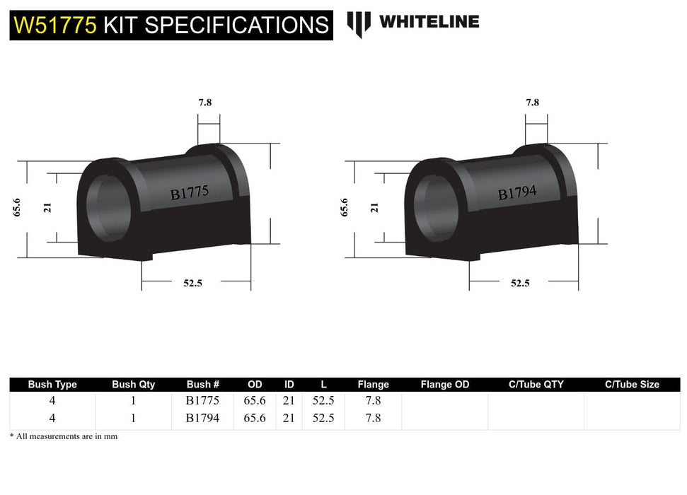 Whiteline 10 x 16 x 26 cm / Standard Alignment Front Control Arm Lower - Inner Rear Bushing Kit to Suit Hyundai, Mitubishi and Proton Autofit