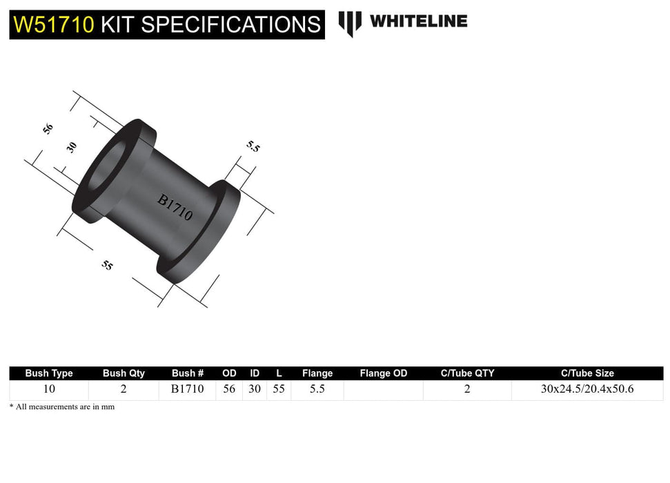 Whiteline 10 x 16 x 26 cm / Standard Alignment Front Control Arm Lower - Inner Rear Bushing Kit to Suit Subaru Forester, Impreza, Liberty and Outback Autofit