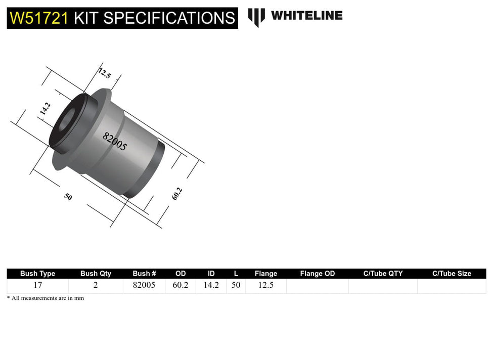 Whiteline 10 x 16 x 26 cm / Standard Alignment Front Control Arm Lower - Inner Rear Bushing Kit to Suit Toyota Camry, Avalon and Holden Apollo Autofit