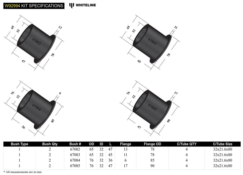 Whiteline 25 x 20 x 18 cm Rear Subframe - Bushing Kit to Suit Nissan 350Z, Skyline and Stagea Autofit