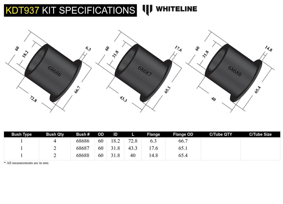 Whiteline 30 x 20 x 10 cm Rear Subframe - Bushing Kit to Suit Subaru Forester, Impreza WRX/STi, Levorg, Liberty and Outback Autofit