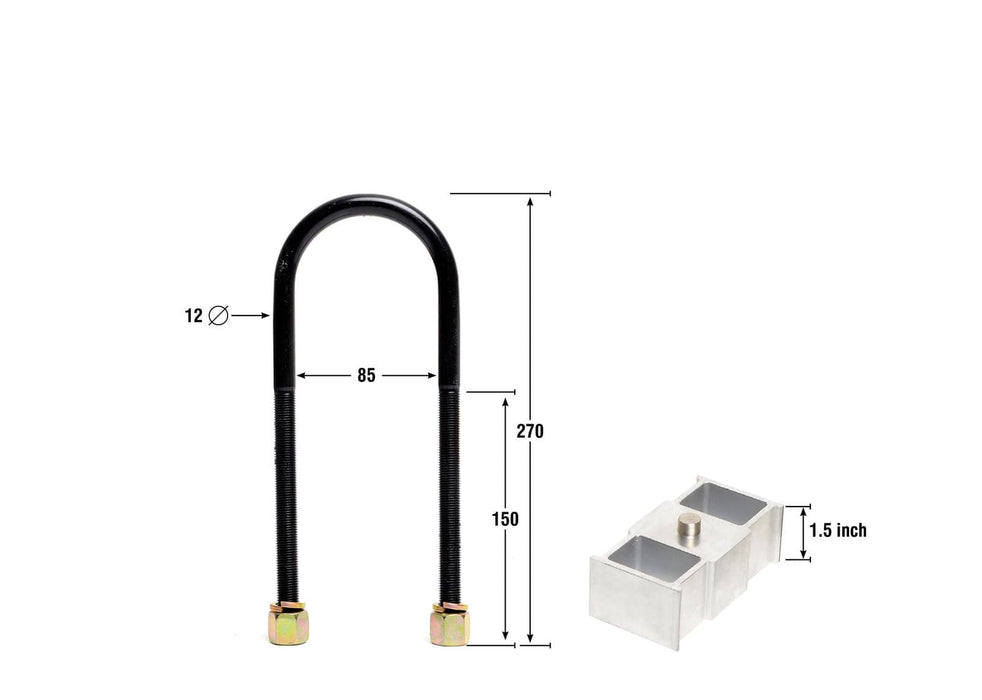 Whiteline 40 x 20 x 10 cm / Block = 38mm, Pin = 13mm, Hole = 13mm, U Bolt = M12x85mm Rear Lowering Block - Kit 1.5" to Suit Ford Courier, Mazda B Series Bravo and Mitsubishi Triton Autofit