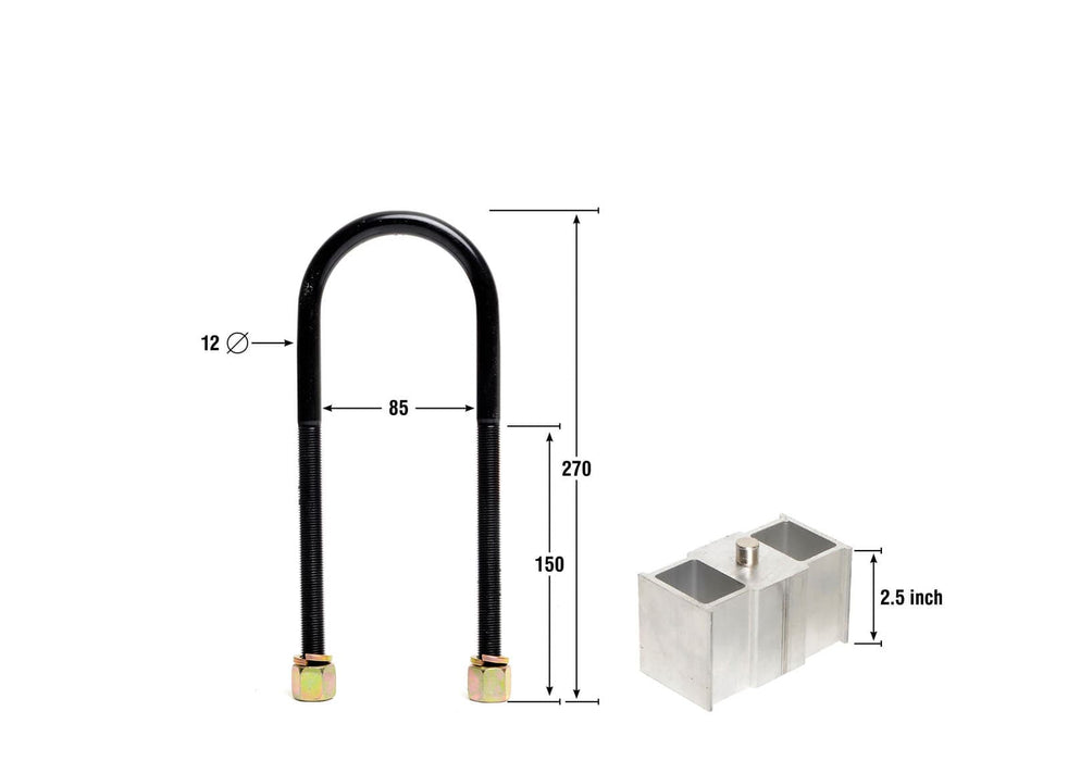Whiteline 40 x 20 x 10 cm / Block = 63mm, Pin = 13mm, Hole = 13mm, U Bolt = M12x85mm Rear Lowering Block - Kit 2.5" to Suit Ford Courier, Mazda B Series Bravo and Mitsubishi Triton Autofit