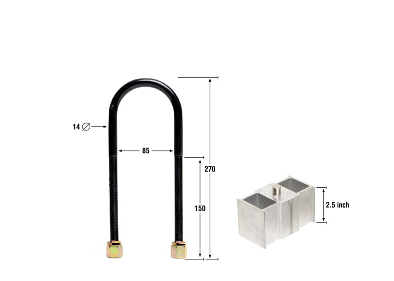 Whiteline 40 x 20 x 10 cm / Block = 63mm, Pin = 13mm, Hole = 16mm Tapered, U Bolt = M14x85mm Rear Lowering Block - Kit 2.5" to Suit Holden Rodeo and Nissan Navara Autofit