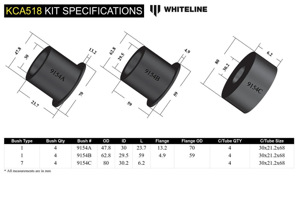 Whiteline 40 x 20 x 10 cm / Installs into original shell Rear Subframe - Bushing Kit to Suit Nissan 180SX, 200SX and Skyline Autofit